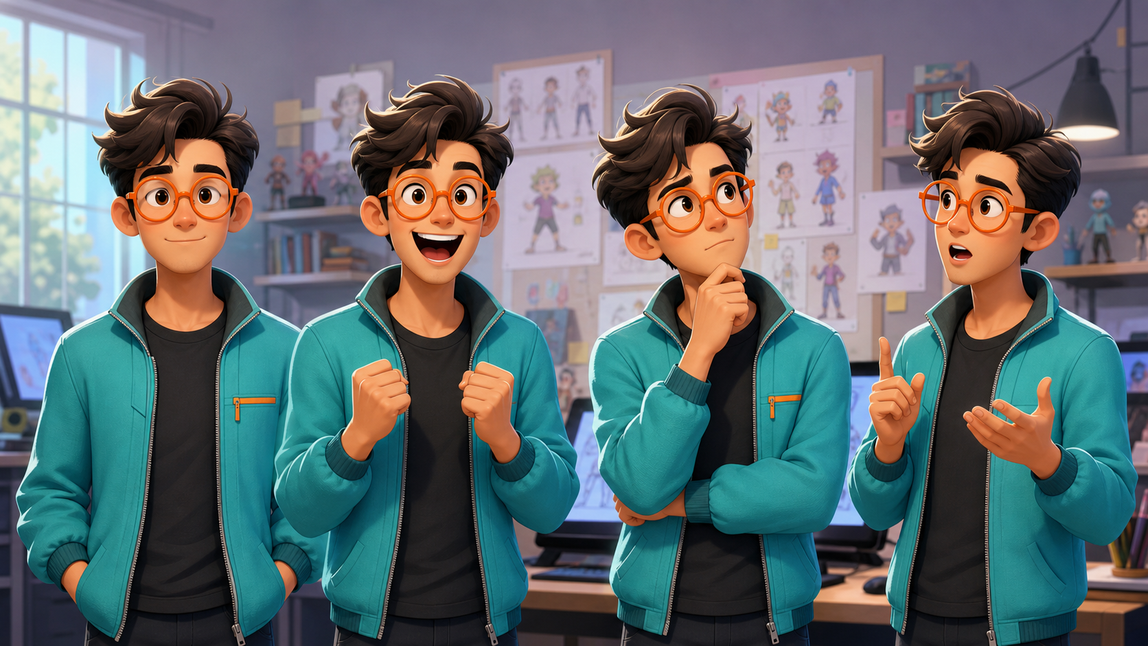 One original cartoon avatar shown with four consistent expressions in an animation studio