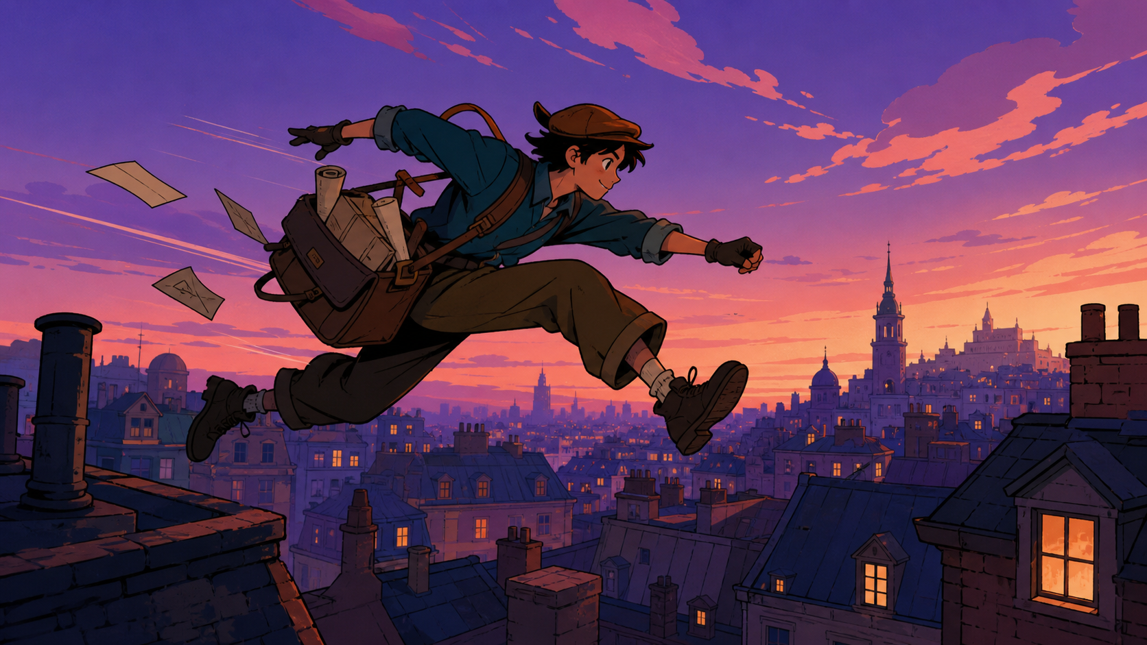 An original hand-drawn courier leaping across rooftops at sunset