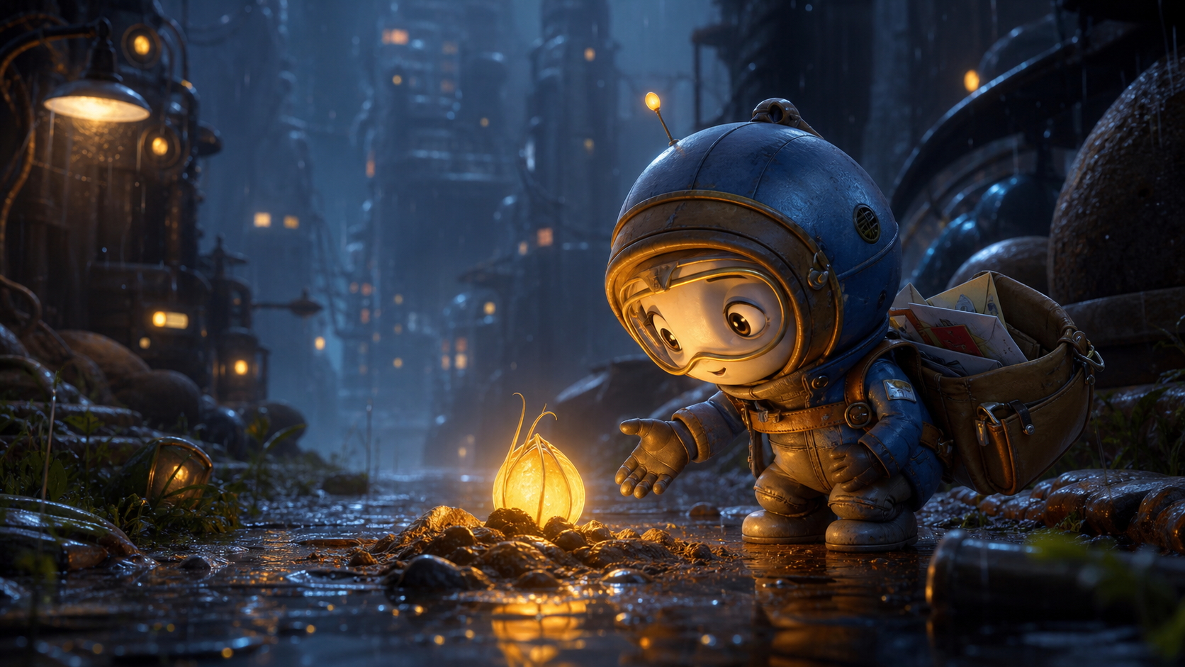 An original animated courier discovering a glowing seed in a rainy alley