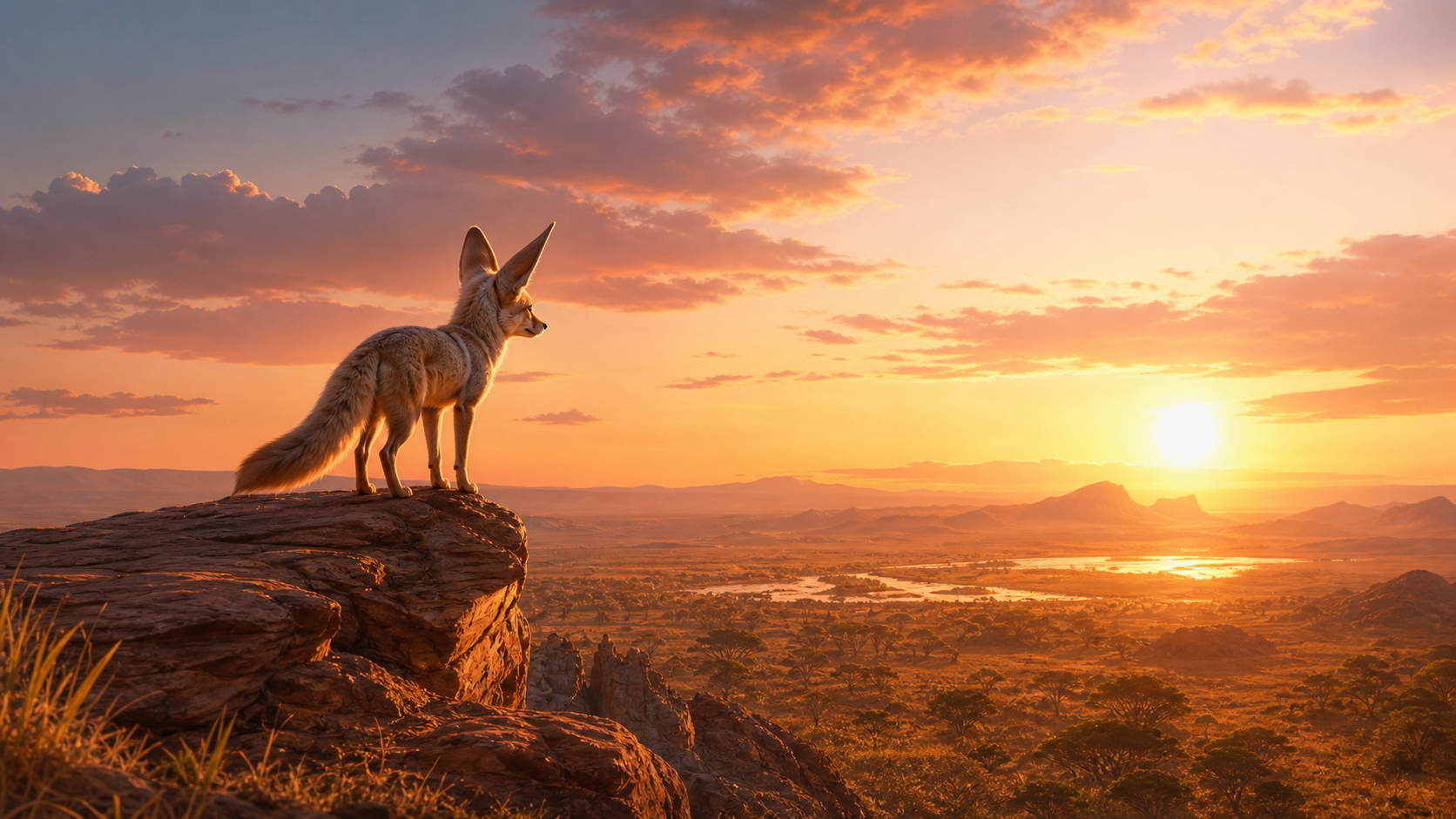 An original desert fox overlooking a sunlit savanna landscape